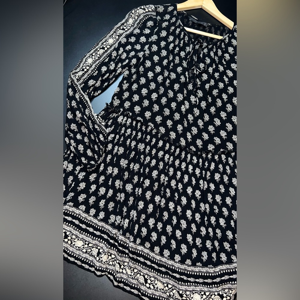 ZARA Black Printed Cinched Waist Dress size Small EUC